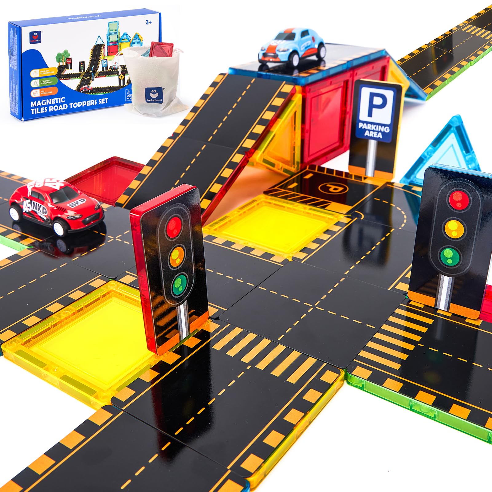 Juego De Baldosas Magnéticas Hahaland, 62 Unidades, Con Topes Para Carretera Y Coches - Venta Internacional.