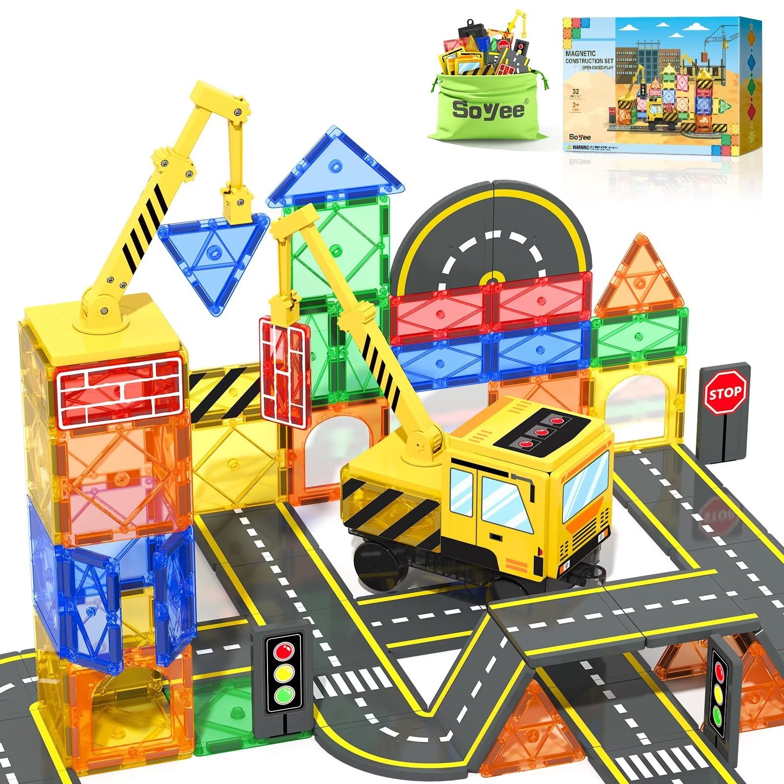 Foto 2 pulgar | Baldosas Magnéticas Soyee De Construction Toys Con Crane Road 32 Unidades - Venta Internacional