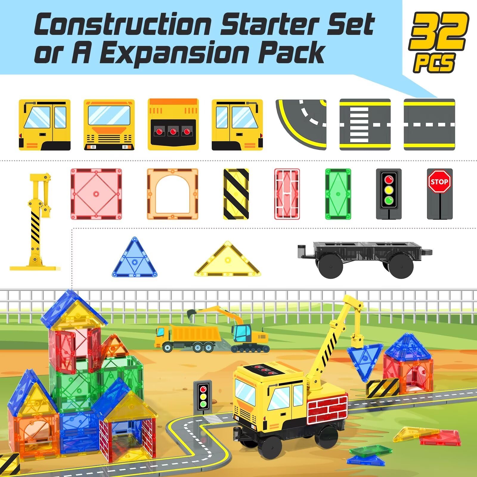 Foto 7 pulgar | Baldosas Magnéticas Soyee De Construction Toys Con Crane Road 32 Unidades - Venta Internacional