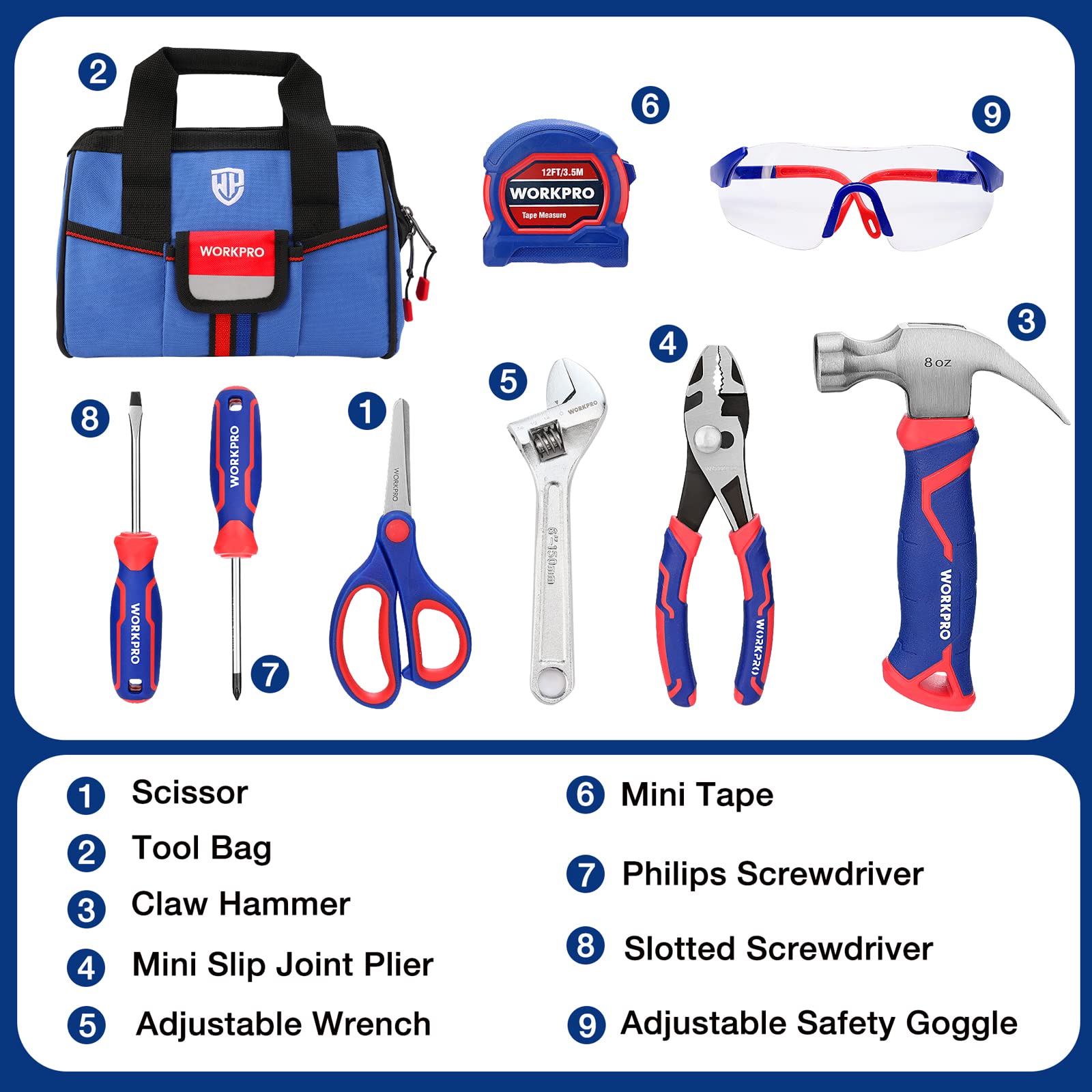 Foto 5 pulgar | Juego De Herramientas Workpro Kids Real Hand De 9 Piezas Con Bolsa De Almacenamiento Azul - Venta Internacional.