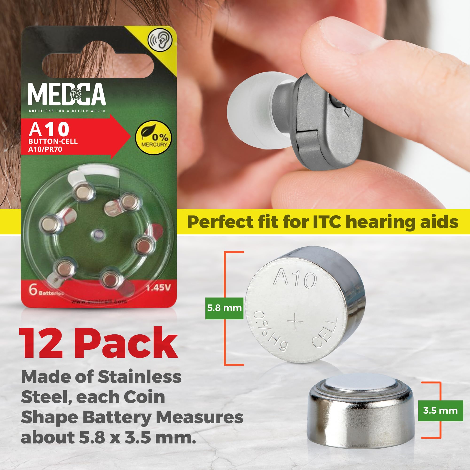Foto 6 | Pilas Para Audífonos Medca A10, 1,45 V, Zinc Y Aire, Paquete De 12 - Venta Internacional.