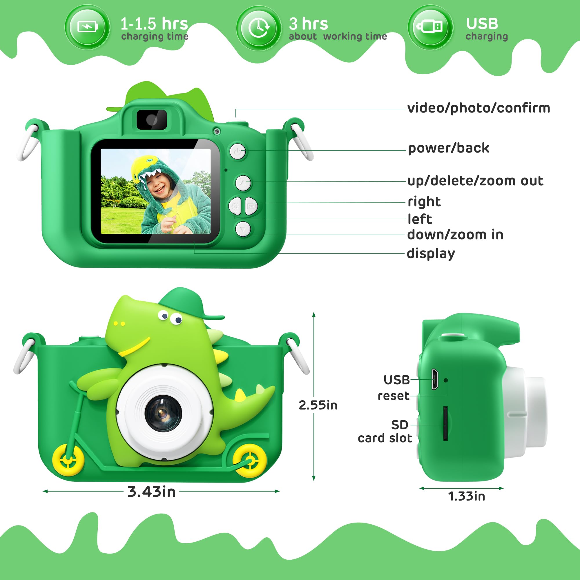 Foto 7 | Cámara Para Niños Hometall Dinosaur 1080p Hd Con Tarjeta Sd De 32 Gb, 3-12 Años - Venta Internacional.