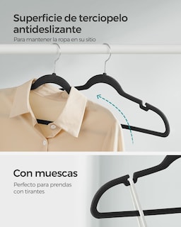 Foto 3 | Songmics 50 Perchas De Terciopelo, Antideslizantes, Ranuras, Barra Para Pantalones, Gancho 360°, 0.6 Cm Grosor, 43