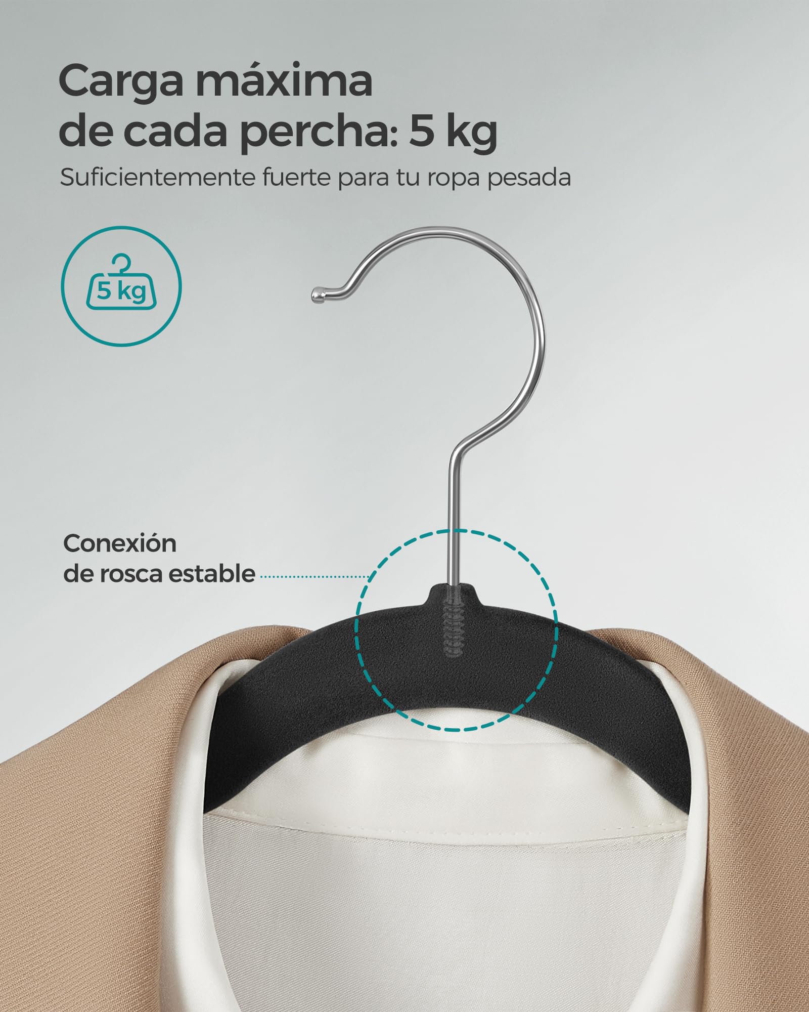 Foto 6 | Songmics 50 Perchas De Terciopelo, Antideslizantes, Ranuras, Barra Para Pantalones, Gancho 360°, 0.6 Cm Grosor, 43