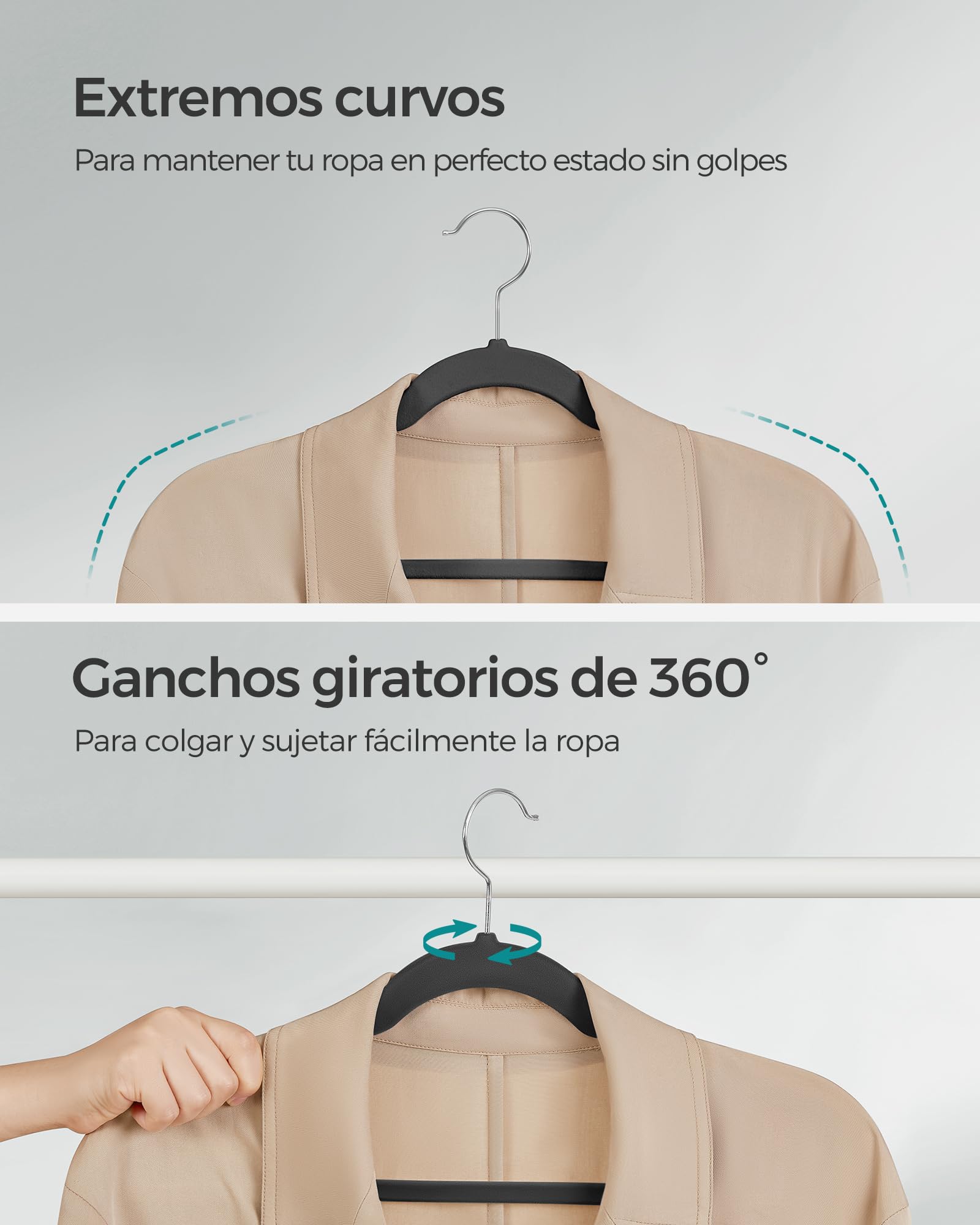Foto 7 | Songmics 50 Perchas De Terciopelo, Antideslizantes, Ranuras, Barra Para Pantalones, Gancho 360°, 0.6 Cm Grosor, 43