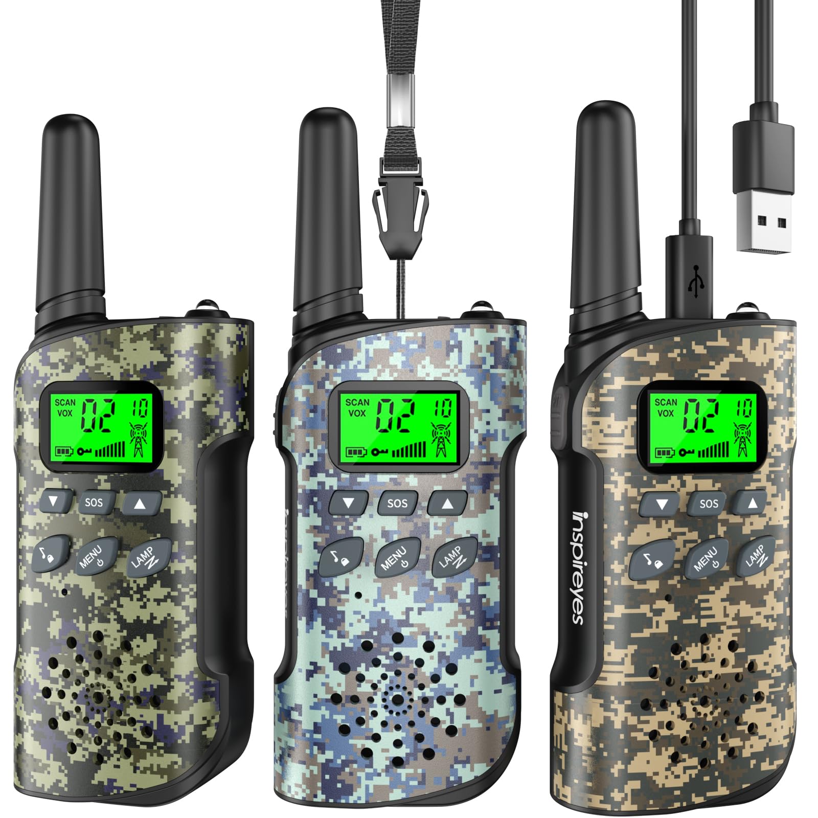 Walkie Talkies Inspireyes Recargables Para Niños, Paquete De 3 Camuflajes - Venta Internacional.