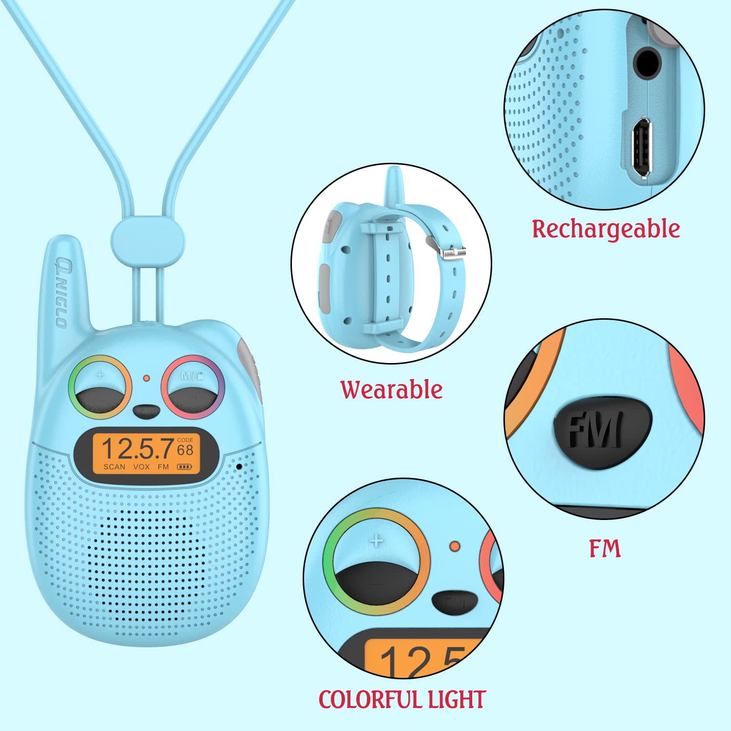 Foto 6 pulgar | Walkie Talkies Qniglo Recargables Para Niños, Paquete De 2 Con Radio Fm - Venta Internacional.