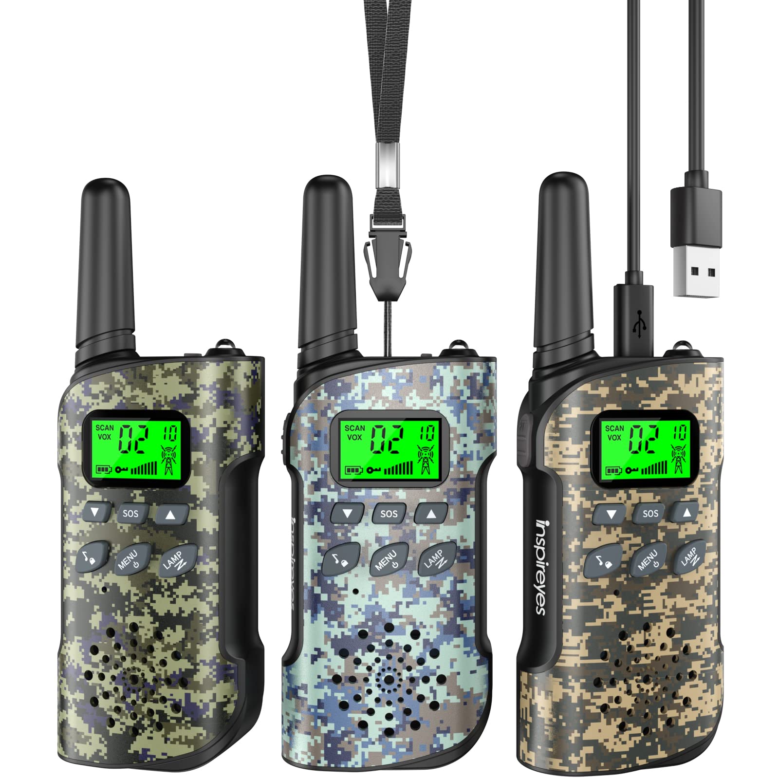 Walkie Talkies Inspireyes Recargables Para Niños, Paquete De 3 Camuflajes - Venta Internacional.