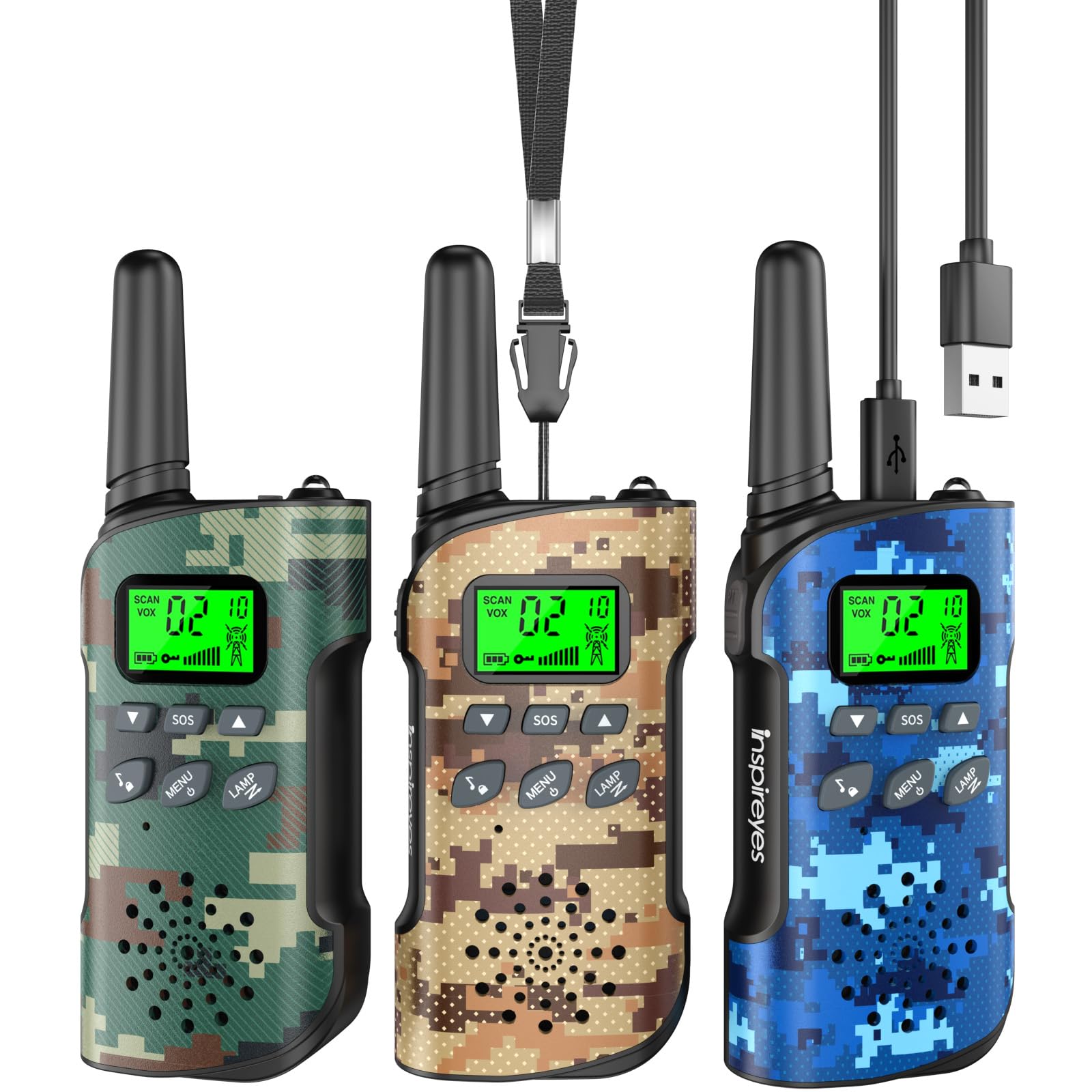 Walkie Talkies Inspireyes Recargables Para Niños, Paquete De 3 Camuflajes - Venta Internacional.