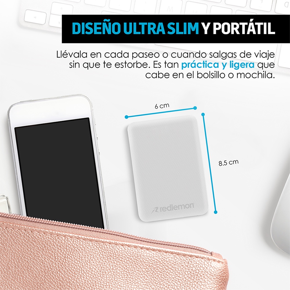 Foto 4 pulgar | Power Bank 10,000 mAh Ultra Slim Carga Rápida con Dos Puertos USB Redlemon color Blanco