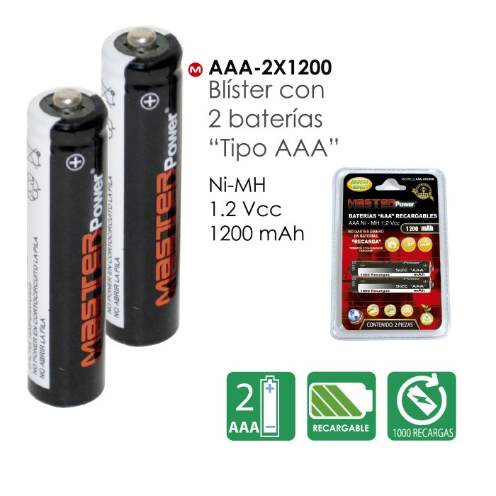 Foto 1 | Baterías Recargables Master 2 pz Tipo  Aaa 1200 Ah