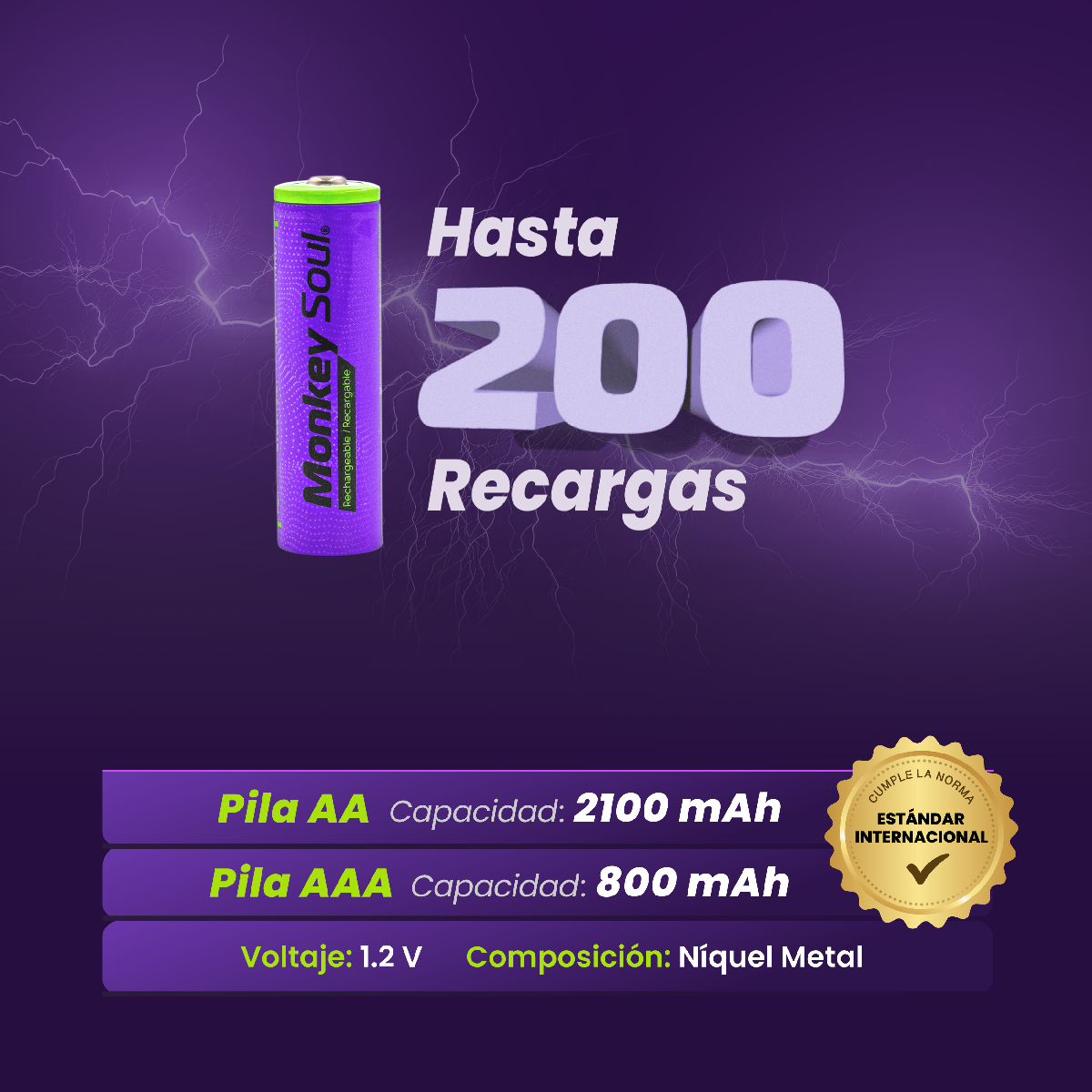 Foto 6 pulgar | Pilas Baterías Recargables Monkey Soul 6 Pz Aa + 4 Aaa 1.2v