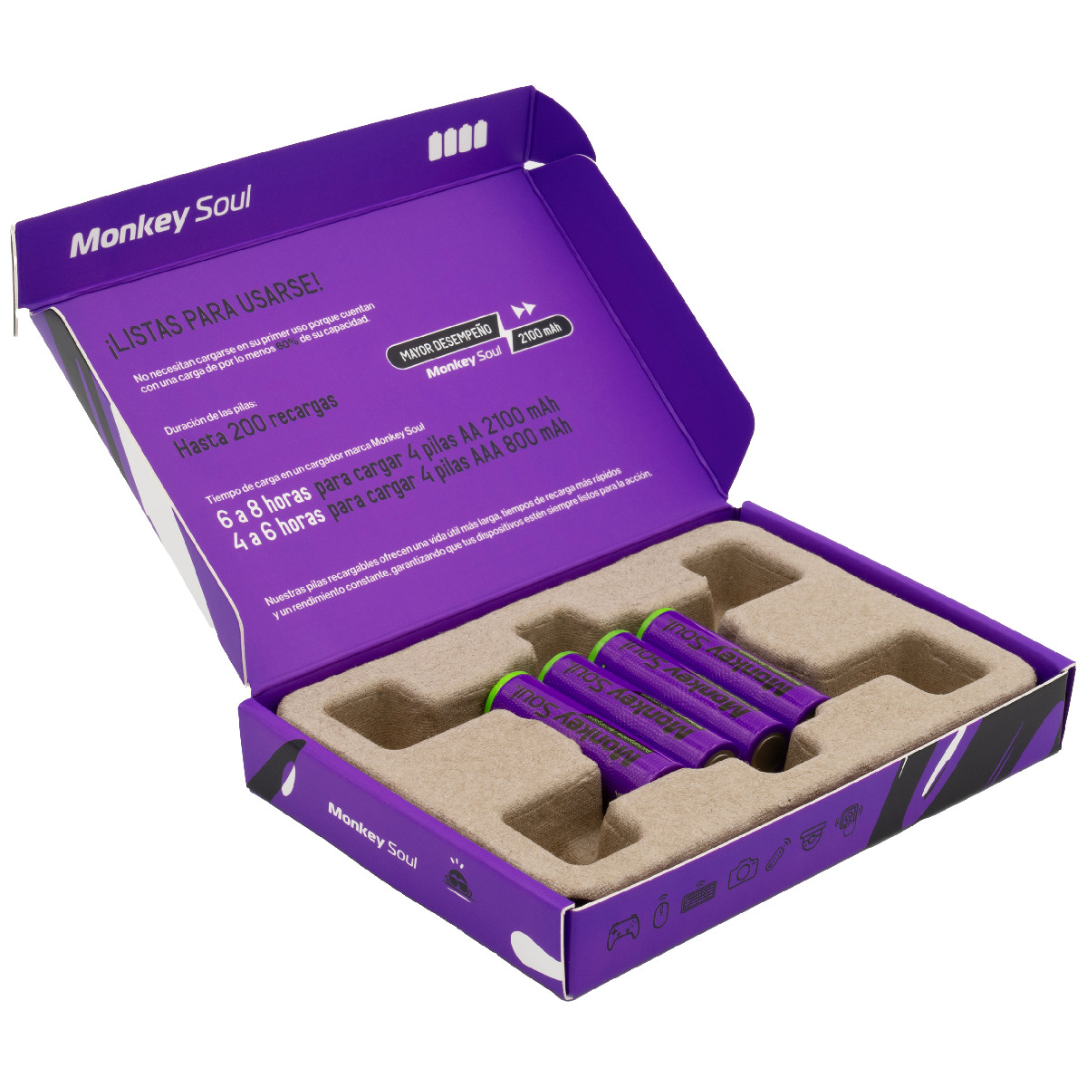 Foto 2 | Pilas Baterías Aa Recargables Monkey Soul 4 Piezas 2100 Mah