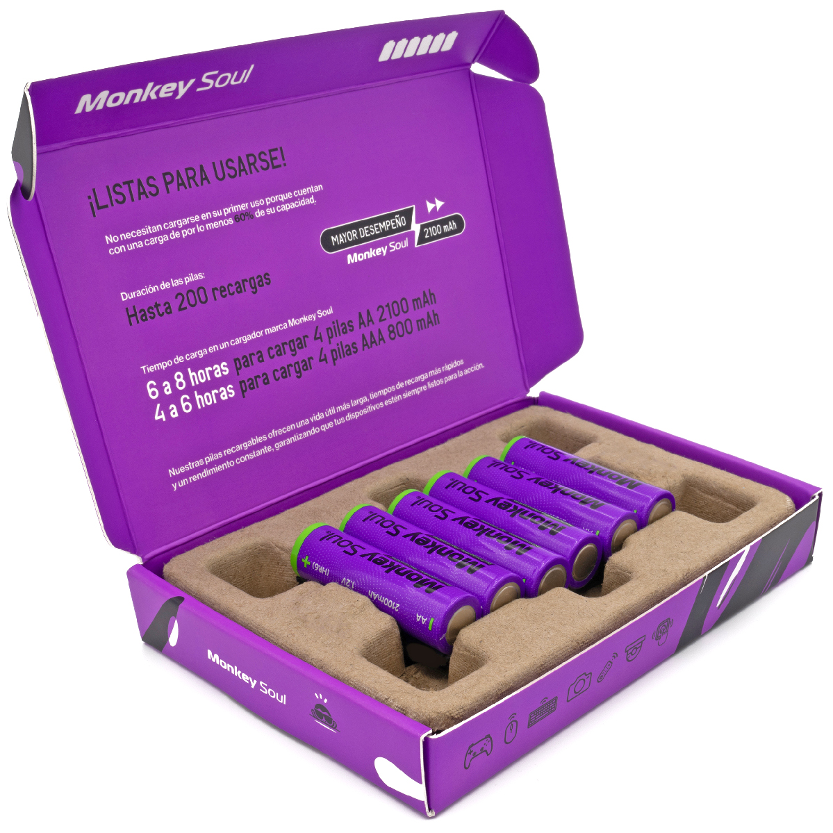 Foto 2 | Pilas Baterías Aa Recargables Monkey Soul 6 Piezas 2100 Mah