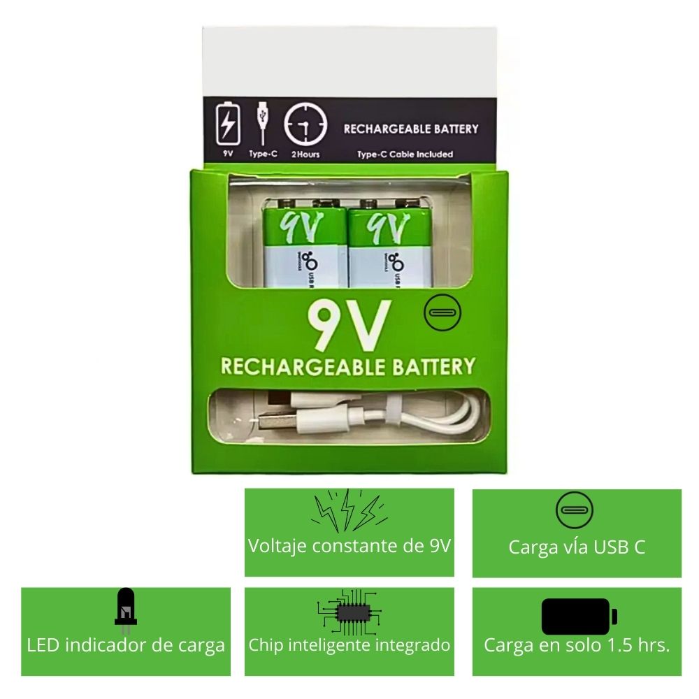 Foto 3 pulgar | Batería Recargable Micro Usb C Carga Rápida 9v/650 Mah 2 Pcs