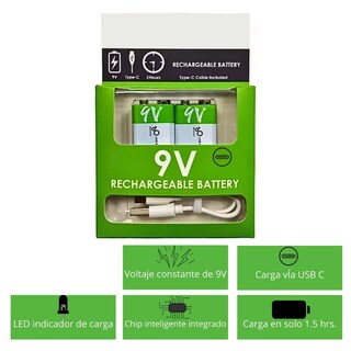 Foto 2 | Batería Recargable Micro Usb C Carga Rápida 9v/650 Mah 2 Pcs