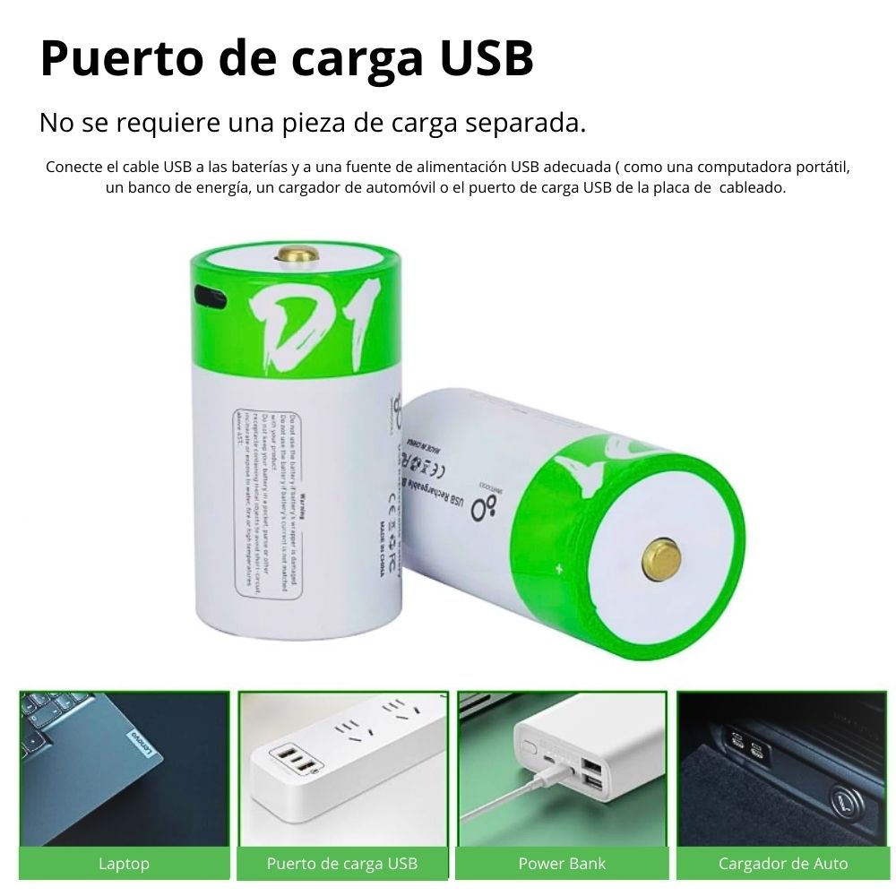 Foto 4 pulgar | Paquete De 2 Pilas D  Recargables Usb C 12,000mwh 1.5v Carga Rápida Alta Duración