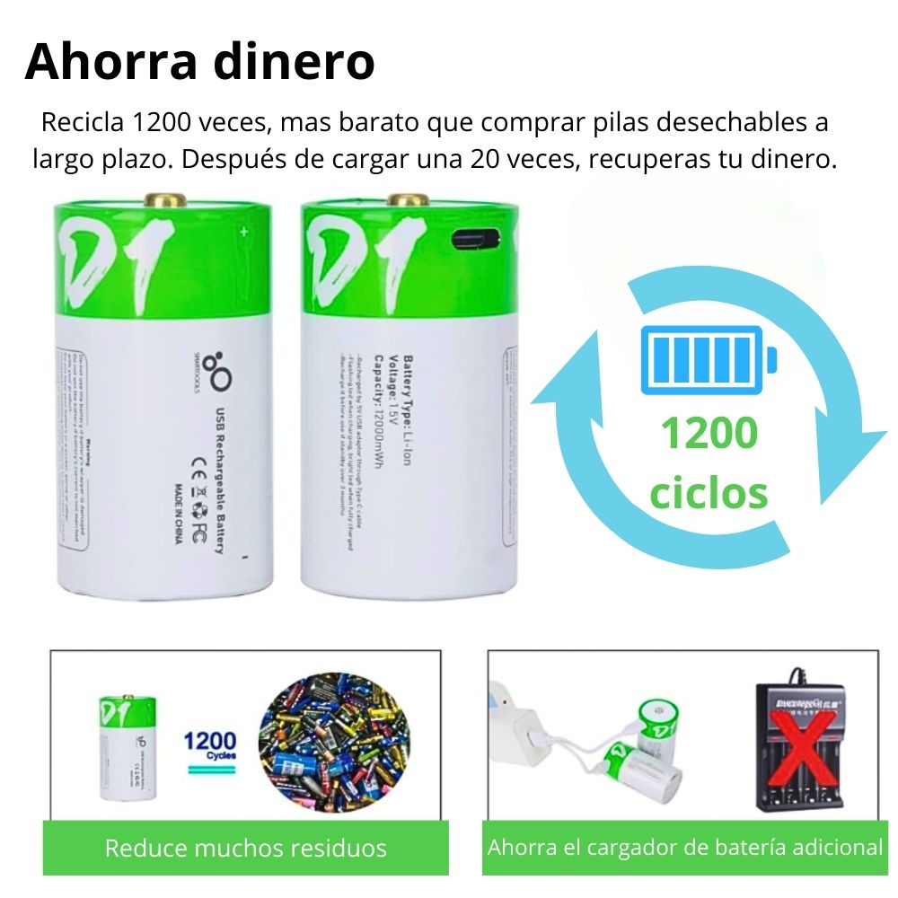 Foto 5 pulgar | Paquete De 2 Pilas D  Recargables Usb C 12,000mwh 1.5v Carga Rápida Alta Duración