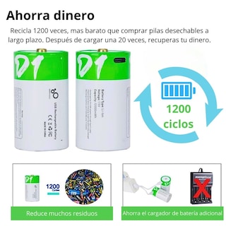 Foto 4 | Paquete De 2 Pilas D Recargables Usb C 12,000mwh 1.5v Carga Rápida Alta Duración