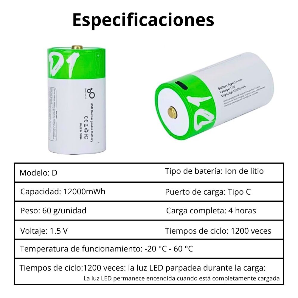 Foto 6 pulgar | Paquete De 2 Pilas D  Recargables Usb C 12,000mwh 1.5v Carga Rápida Alta Duración