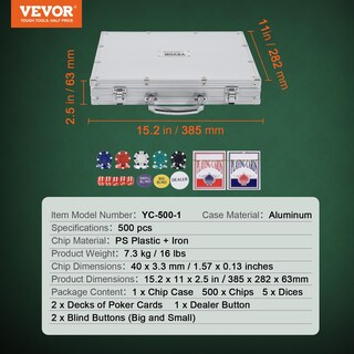 Foto 7 | Juego De Fichas De Póquer Vevor De 500 Piezas Con Caja De Aluminio De 11,5 G - Venta Internacional.