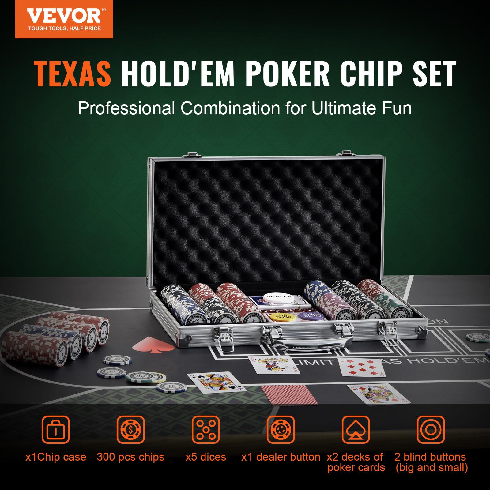 Foto 2 | Juego De Fichas De Póker Vevor De 300 Piezas Con Caja De Aluminio De 11,5 G - Venta Internacional.