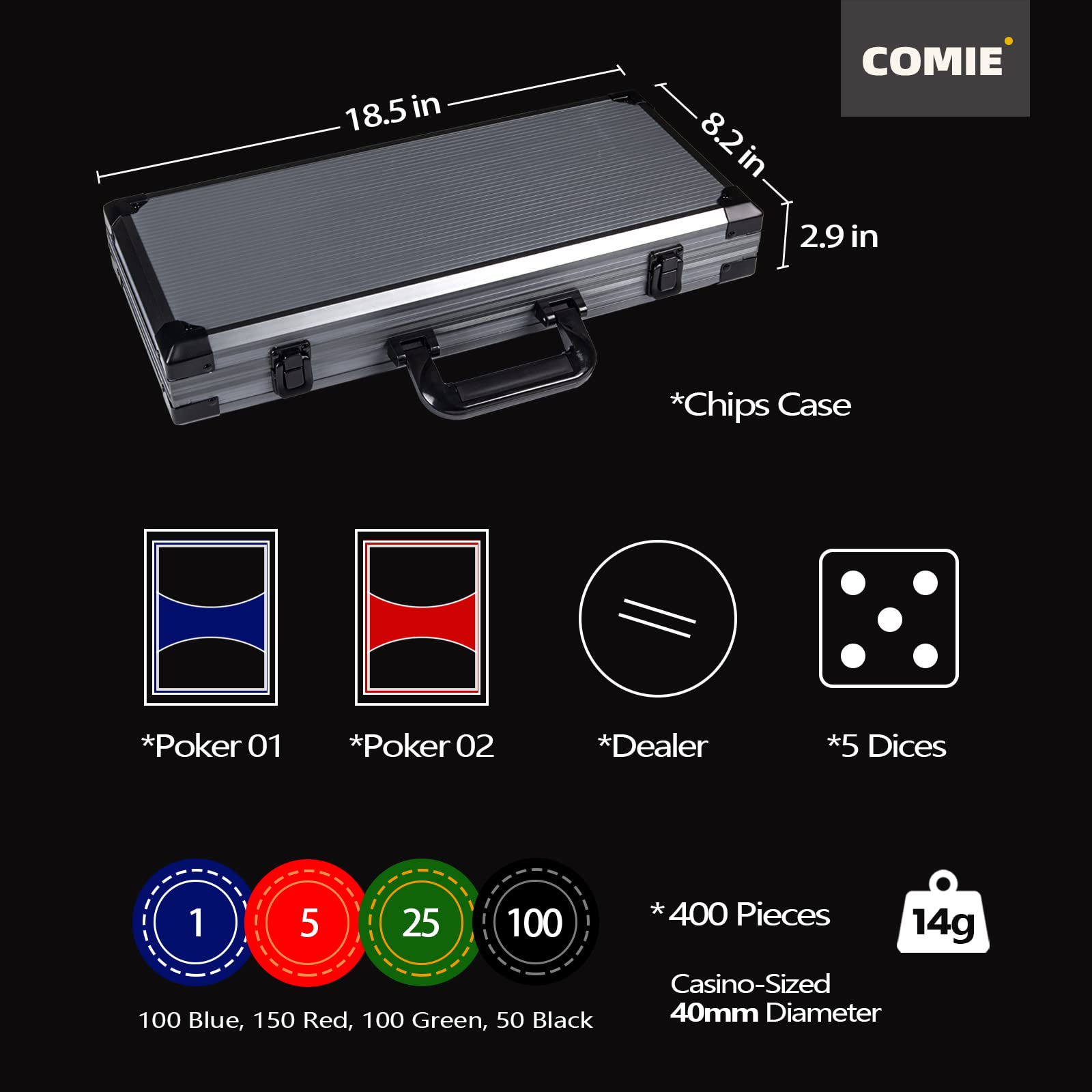 Foto 2 | Juego De Fichas De Póquer Comie Clay, 14 G, 400 Piezas, Con Funda De Lujo - Venta Internacional.