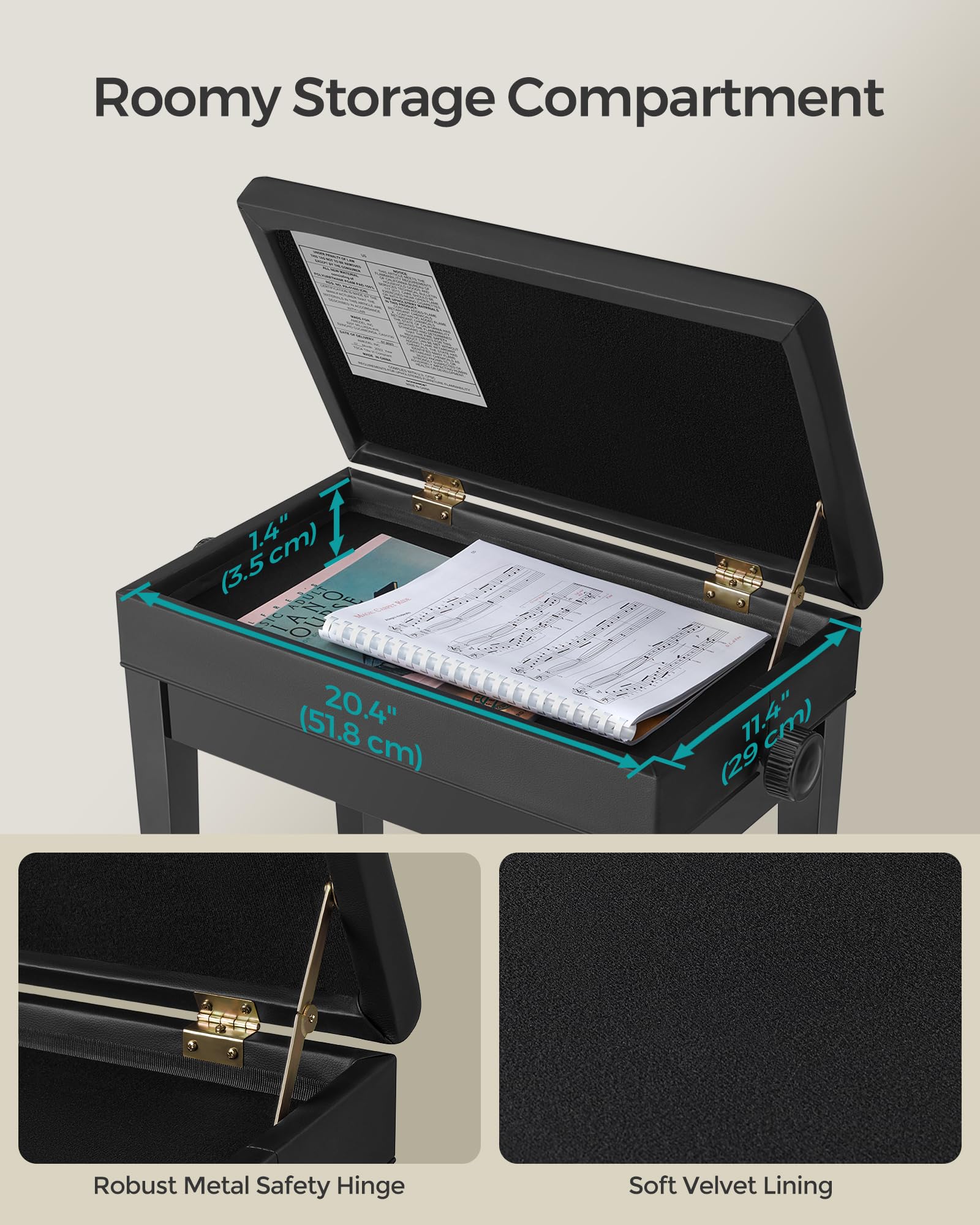 Foto 6 | Songmics Banco Para Piano Con Cojín Acolchado Y Compartimento Para Libros De Música Mlpb57h