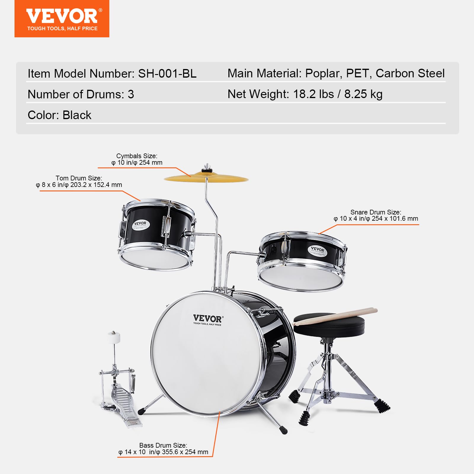 Foto 7 | Set De Batería Vevor Kids De 3 Piezas Para Principiantes Con Baquetas En Forma De Trono, Color Negro - Venta Interna