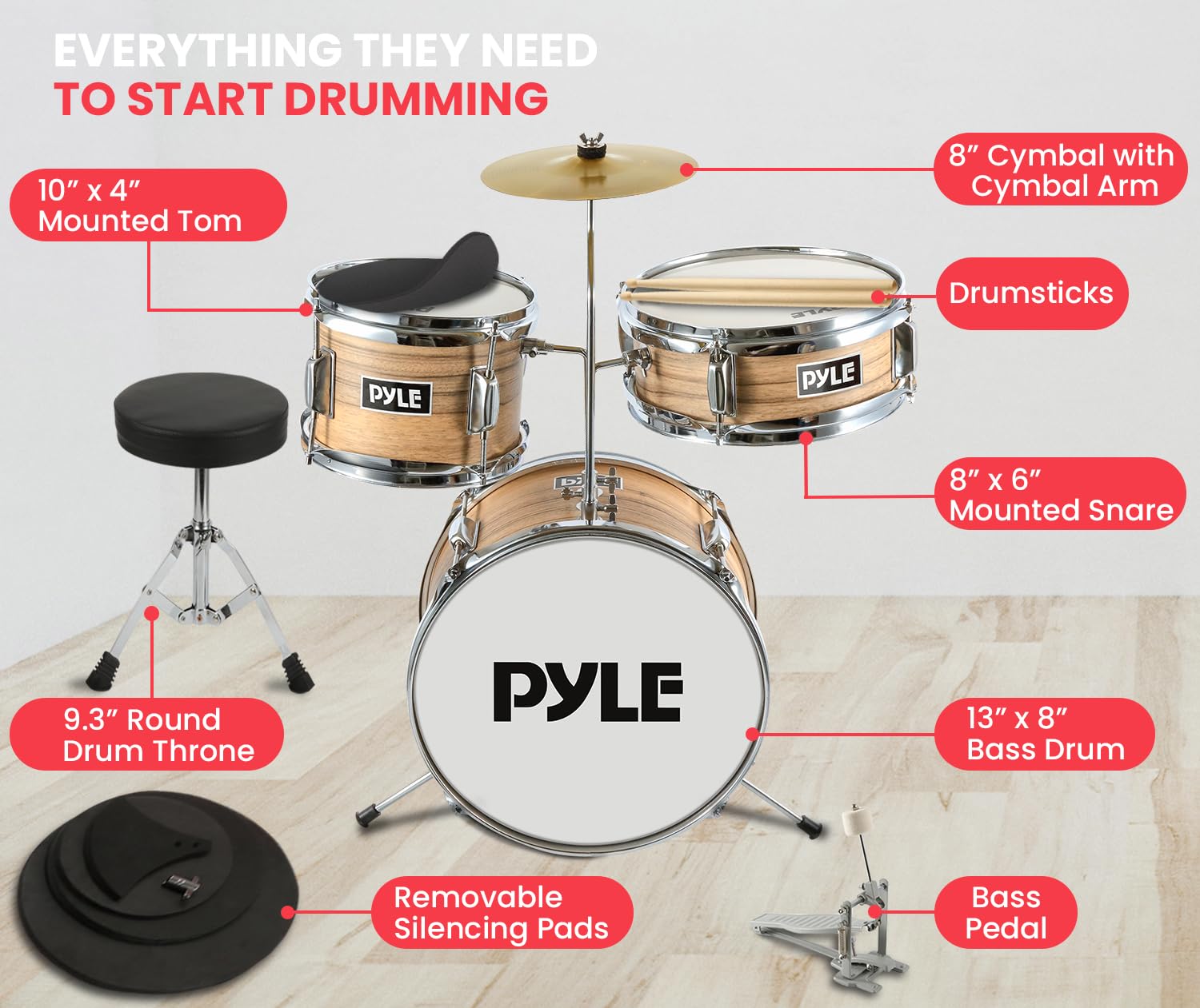 Foto 4 | Set De Batería Pyle Kids De 3 Piezas Para Principiantes Y Junior Con 13 Bombos - Venta Internacional.