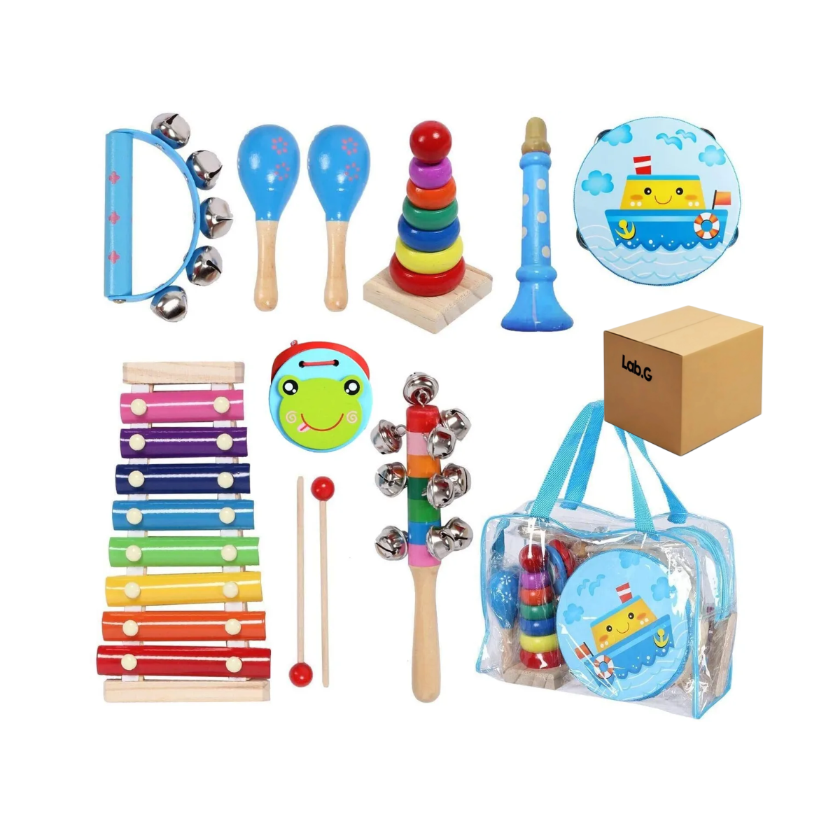 Instrumentos Musicales Percusión De Madera Para Niños 12pcs Lab.g Azul