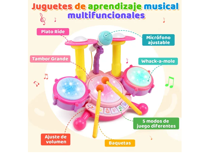 Foto 3 pulgar | Xtellar Batería De Juguete Musical 5en1 Para Niños Con Micrófono Y Baquetas  Perfecta Para Futuros Rockstars