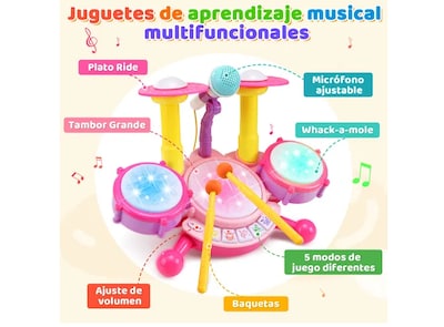 Foto 2 | Xtellar Batería De Juguete Musical 5en1 Para Niños Con Micrófono Y Baquetas Perfecta Para Futuros Rockstars
