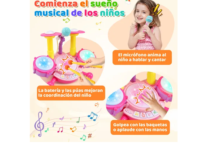 Foto 6 pulgar | Xtellar Batería De Juguete Musical 5en1 Para Niños Con Micrófono Y Baquetas  Perfecta Para Futuros Rockstars
