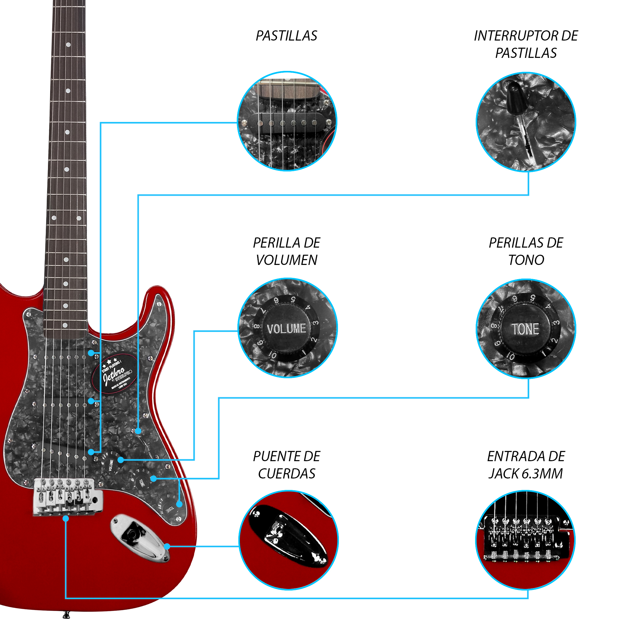 Foto 6 pulgar | Paquete Guitarra Eléctrica Jethro Series By Steelpro Roja Diapasón De Maple Para Diestro