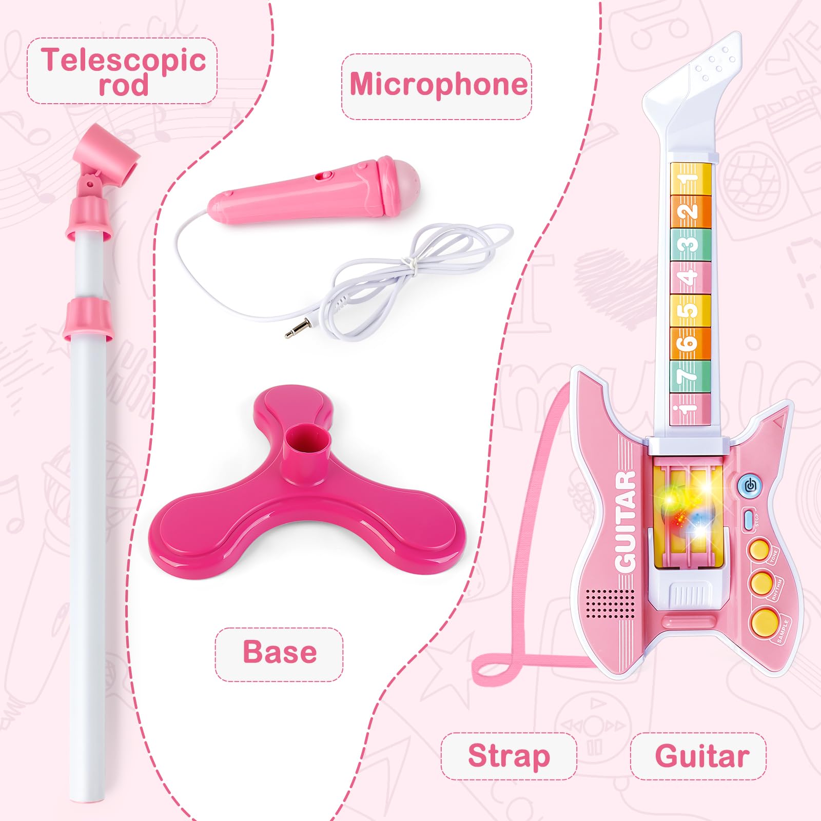 Foto 7 pulgar | Set De Guitarra Y Micrófono Deao Kids Con Soporte Ajustable En Altura - Venta Internacional.