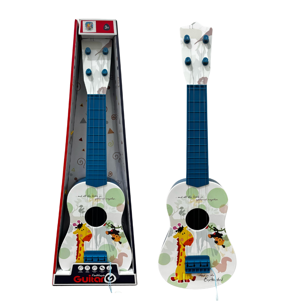 Guitarra De Juguete Infantil Blanca Con Azul Con Cuerdas Y Plumilla Diseño De Animales