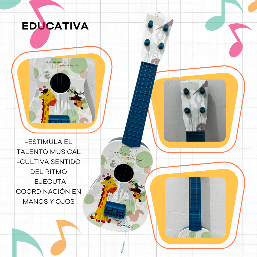 Foto 5 pulgar | Guitarra De Juguete Infantil Blanca Con Azul Con Cuerdas Y Plumilla Diseño De Animales