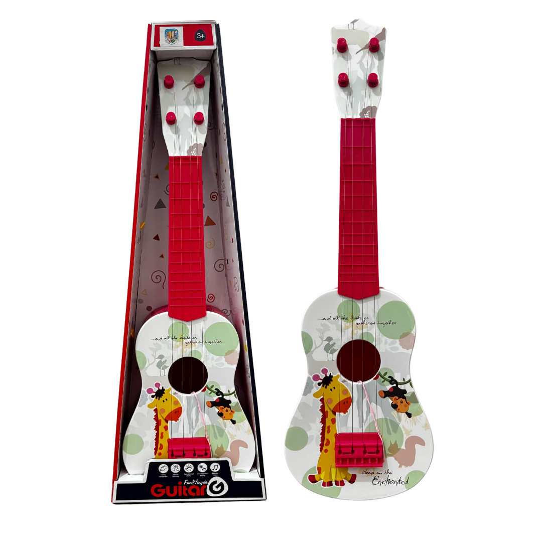 Guitarra De Juguete Infantil Blanca Con Rojo Con Cuerdas Y Plumilla Diseño De Animales