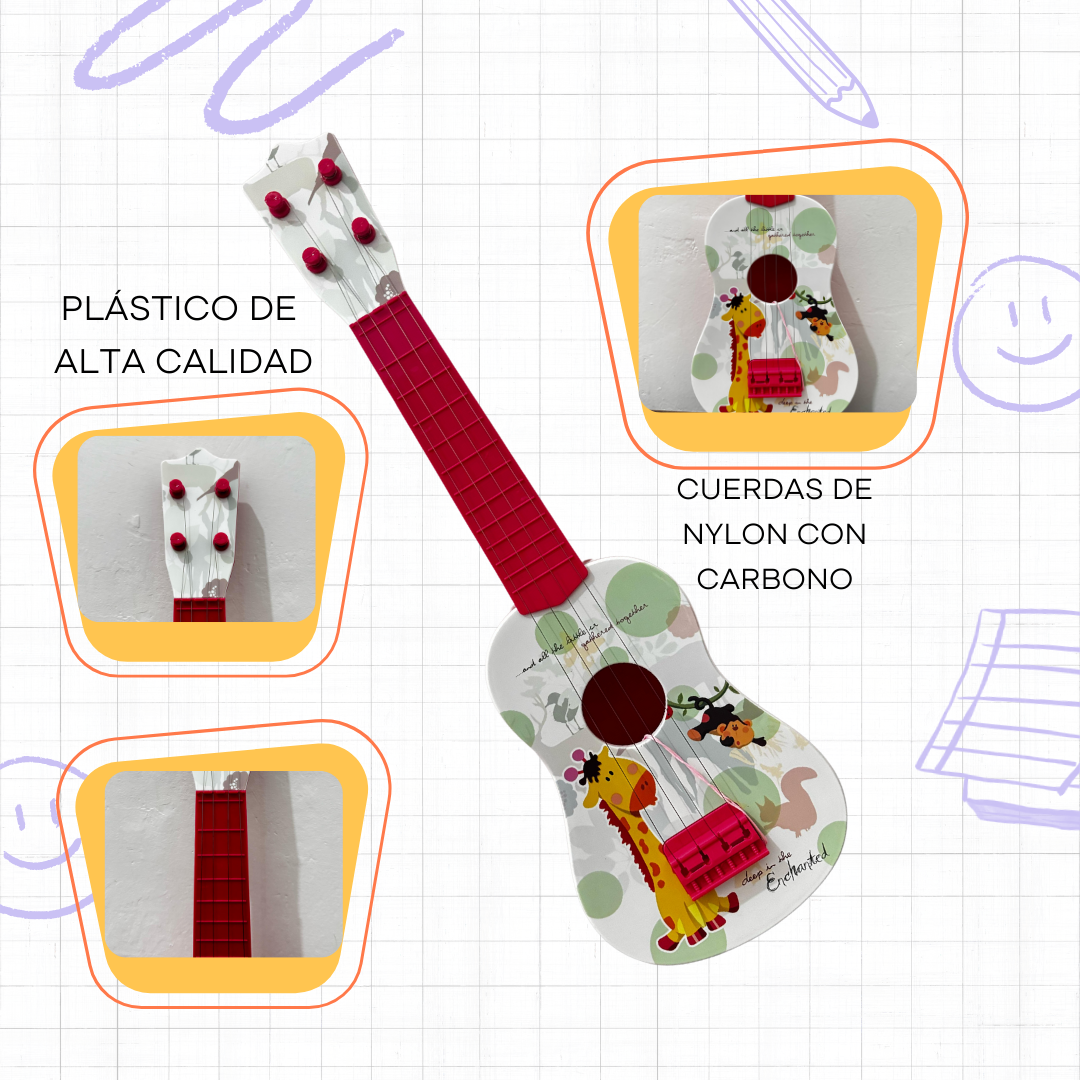 Foto 5 pulgar | Guitarra De Juguete Infantil Blanca Con Rojo Con Cuerdas Y Plumilla Diseño De Animales
