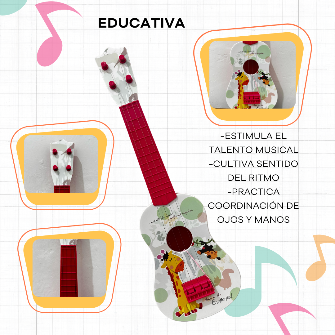 Foto 6 pulgar | Guitarra De Juguete Infantil Blanca Con Rojo Con Cuerdas Y Plumilla Diseño De Animales
