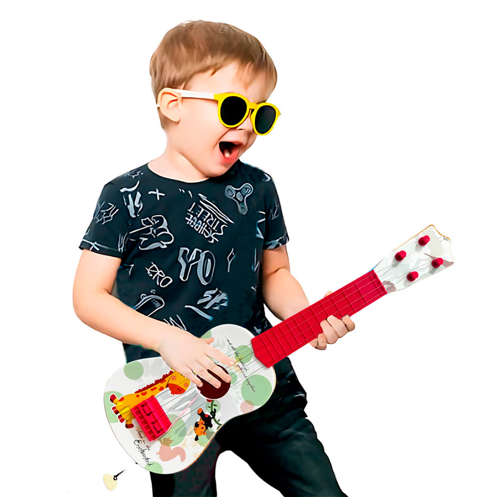 Foto 7 pulgar | Guitarra De Juguete Infantil Blanca Con Rojo Con Cuerdas Y Plumilla Diseño De Animales