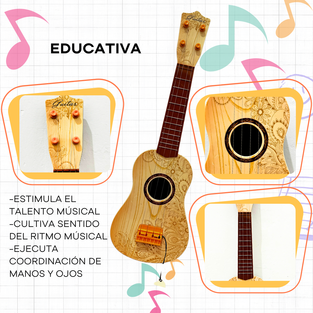 Foto 6 pulgar | Guitarra Infantil De Plástico Color Madera Con Diseño Floral Y Plumilla