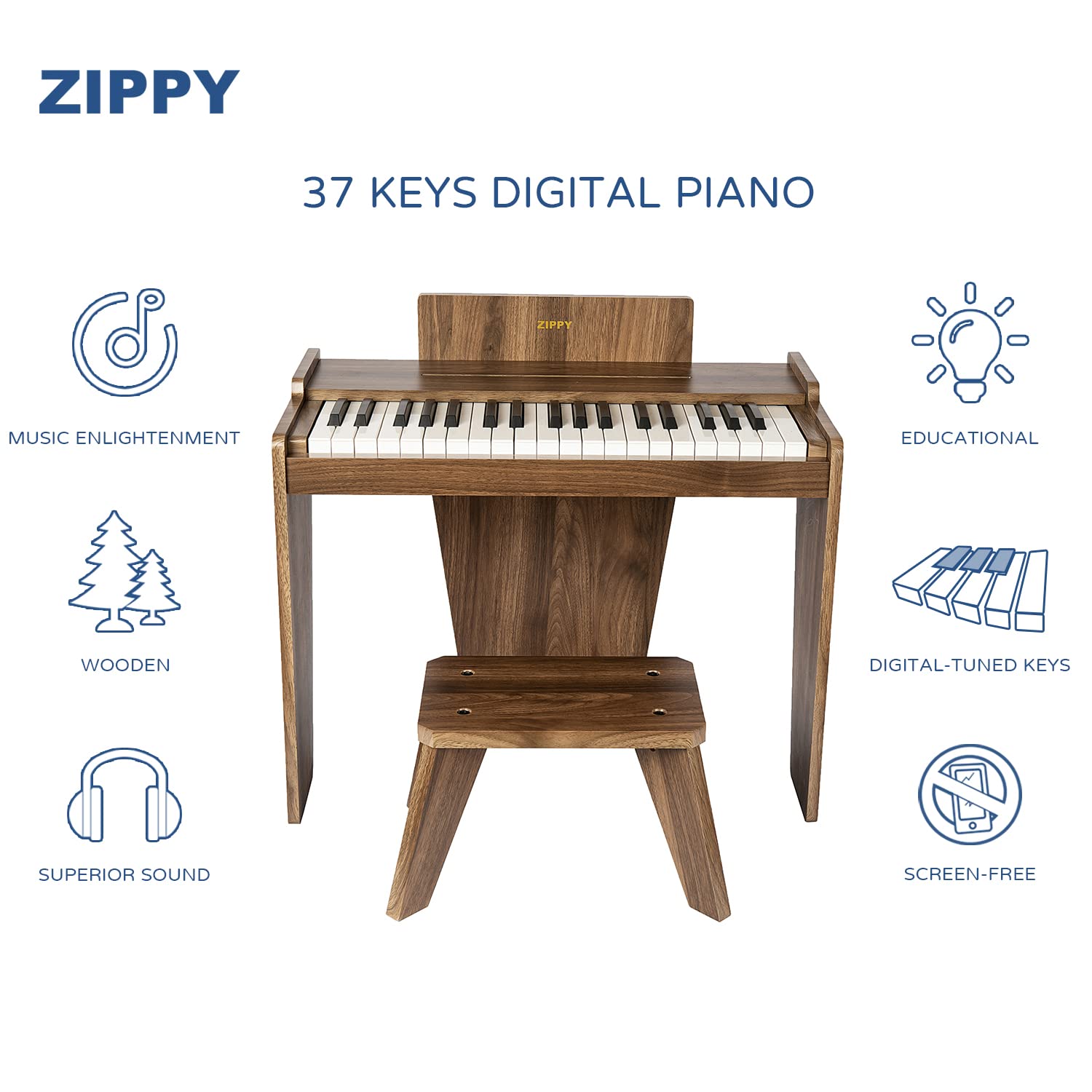 Foto 3 pulgar | Piano Digital Zippy Kids De 37 Teclas Con Banco Y Cancionero, Color Nogal - Venta Internacional.