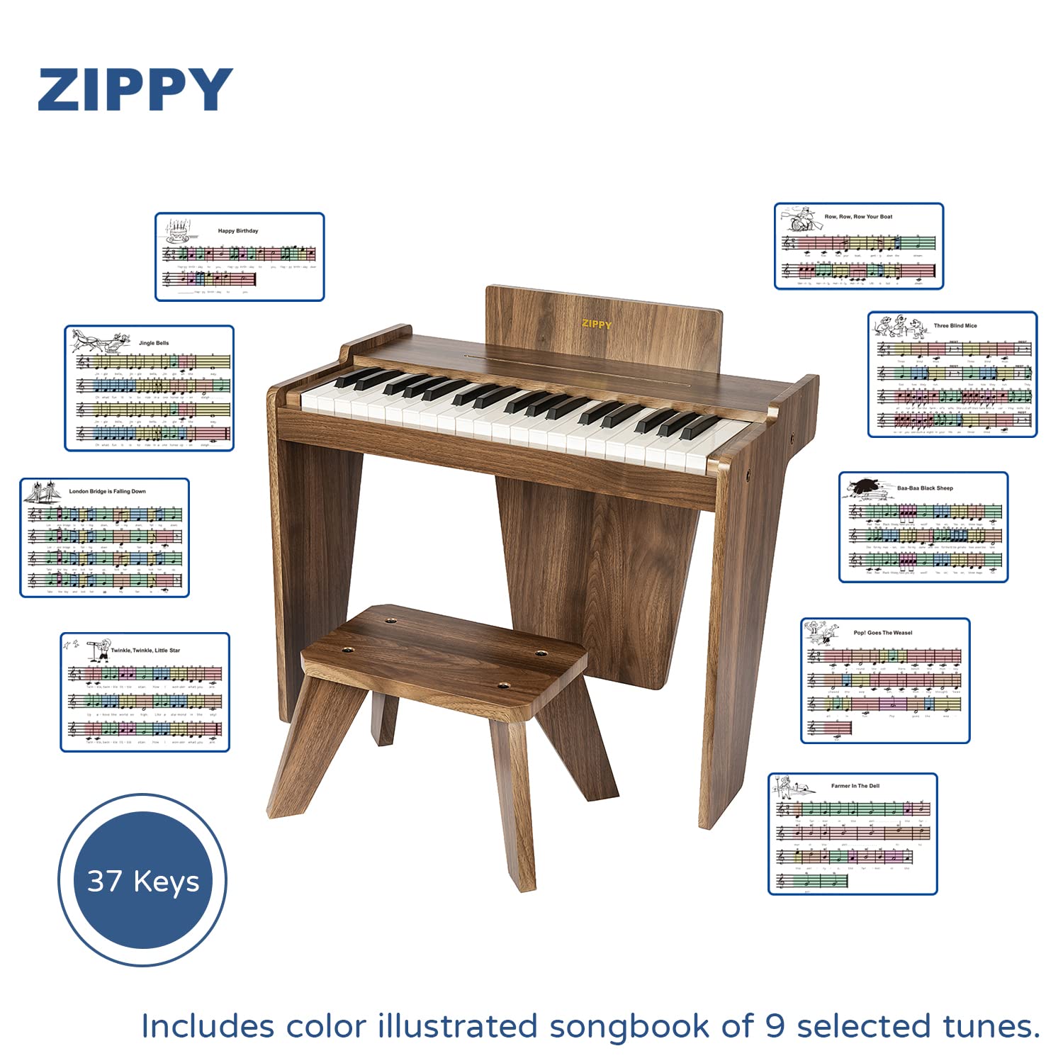 Foto 3 | Piano Digital Zippy Kids De 37 Teclas Con Banco Y Cancionero, Color Nogal - Venta Internacional.