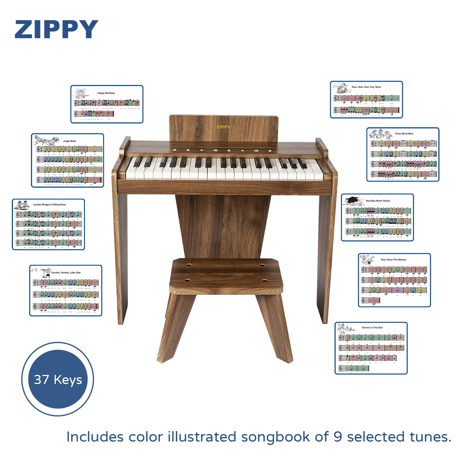 Foto 4 | Piano Digital Zippy Kids 37 Teclas color Nogal con Banco y Cancionero - Venta Internacional