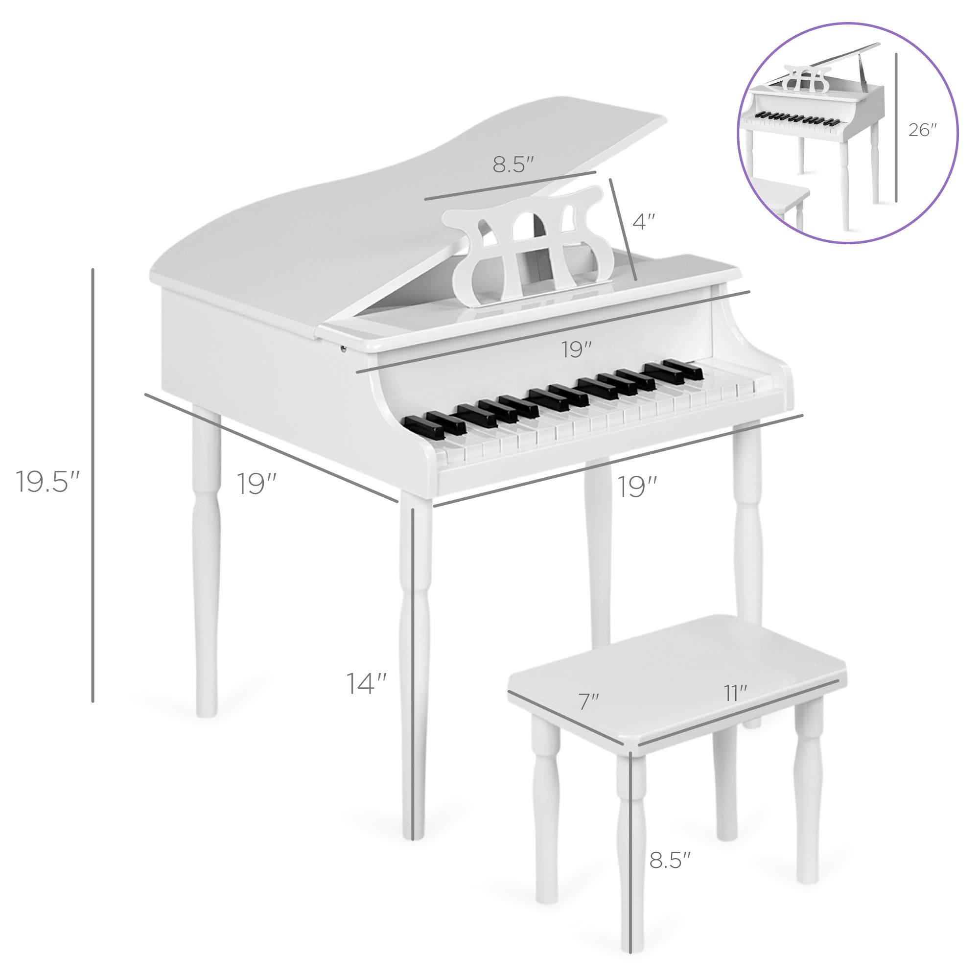 Foto 8 pulgar | Mini Piano de Cola con Banco y Acabado Brillante en color Blanco para Niños - Venta Internacional