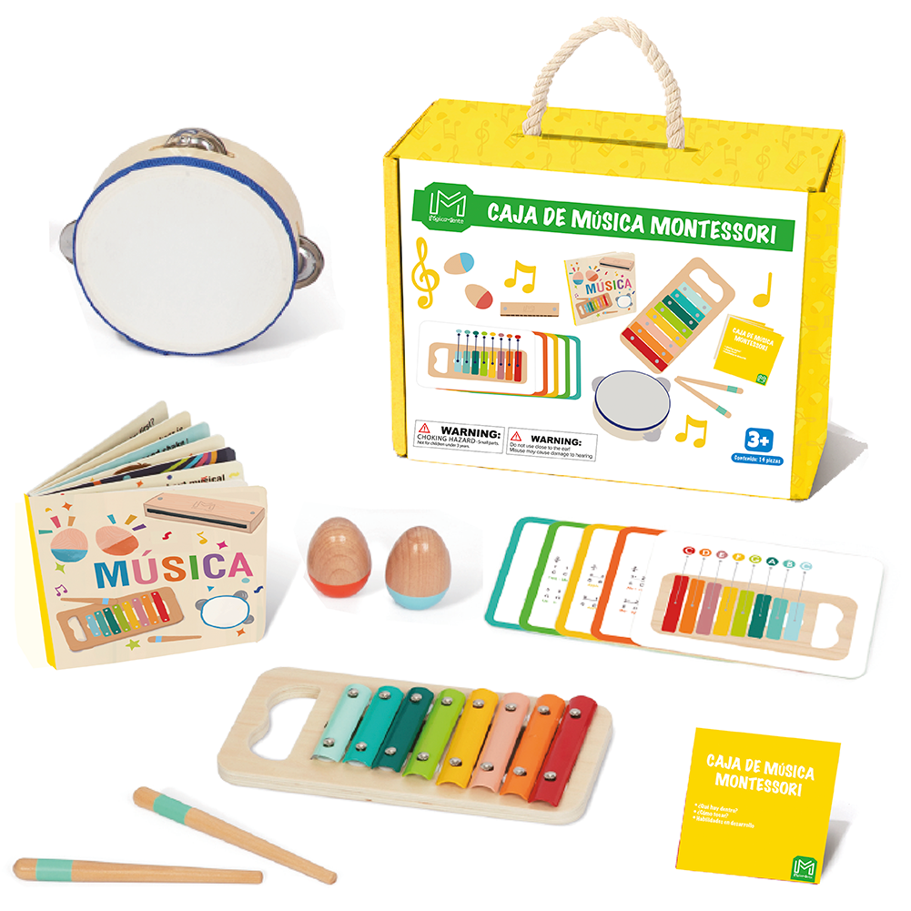 Juego De Instrumentos Musicales Montessori Para Niños. Caja Musical Con Xilofono, Pandero, Maracas Y Armónica
