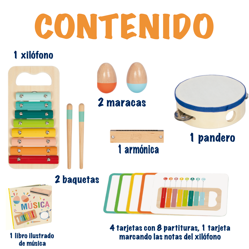Foto 5 pulgar | Juego De Instrumentos Musicales Montessori Para Niños. Caja Musical Con Xilofono, Pandero, Maracas Y Armónica