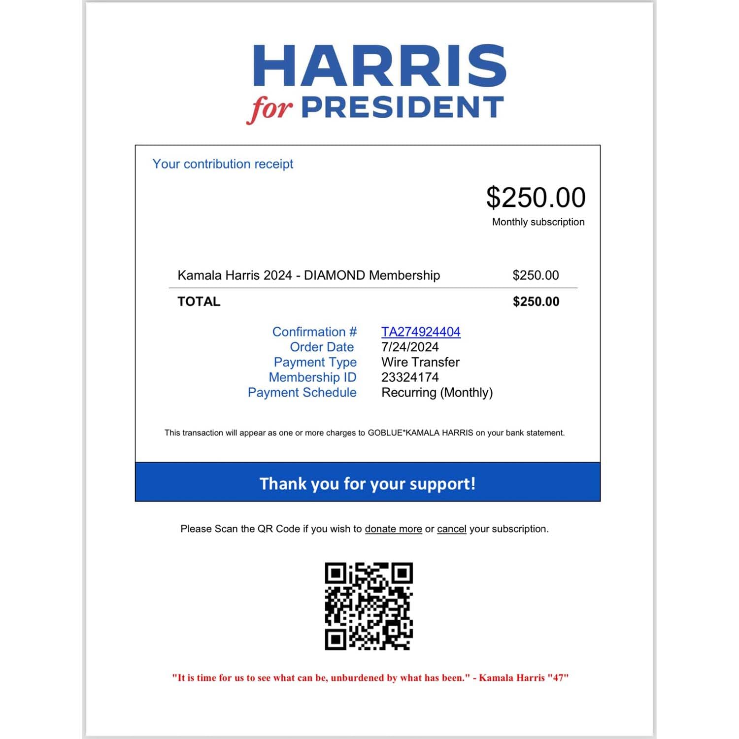 Foto 5 pulgar | Recibo De Donación De Prank Mail Kamala Harris 2024 Broma Hilarante - Venta Internacional.